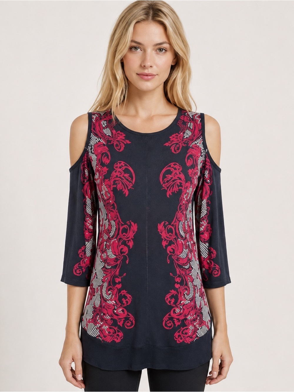 Eva Varro Tunic Top Black Red Scroll Print Cold Shoulder Jersey Knit Chic Size S